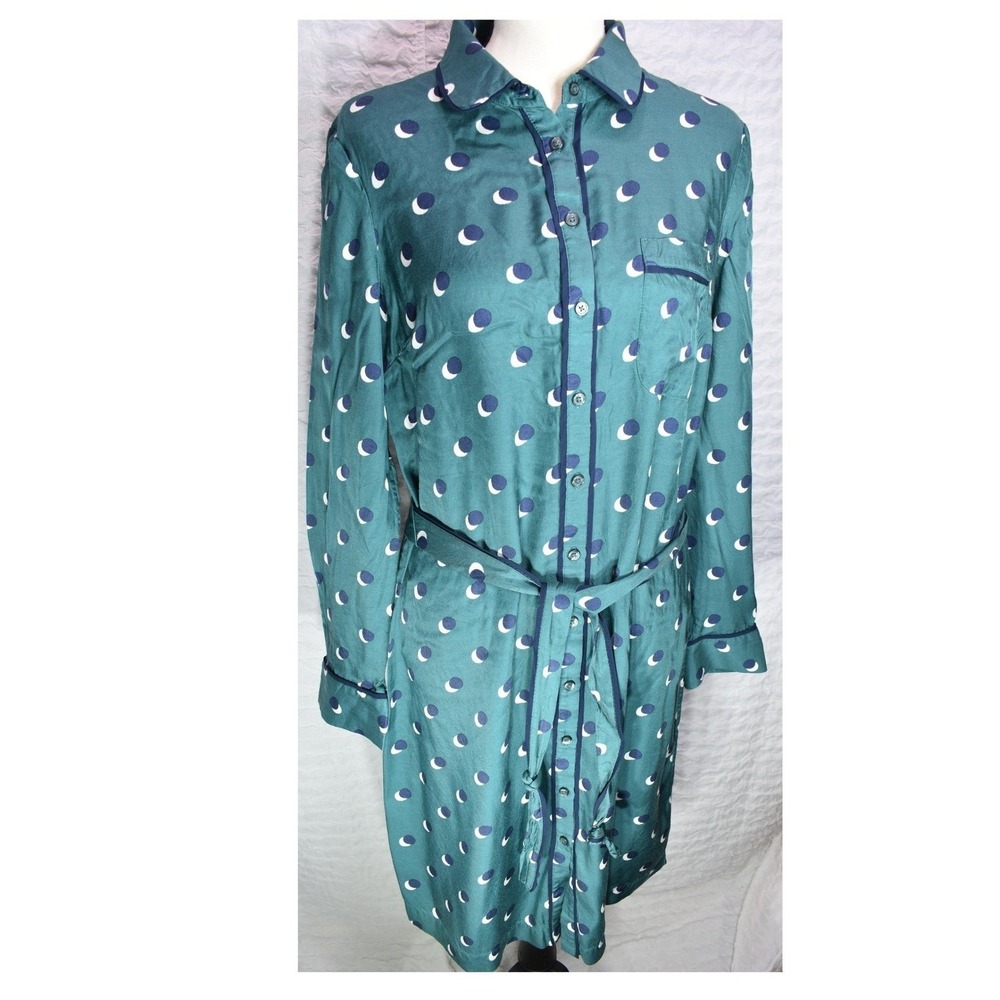 Boden Teal Green Crescent Moon Polka Dot Shirt Dress US 8R Navy Piping Belted